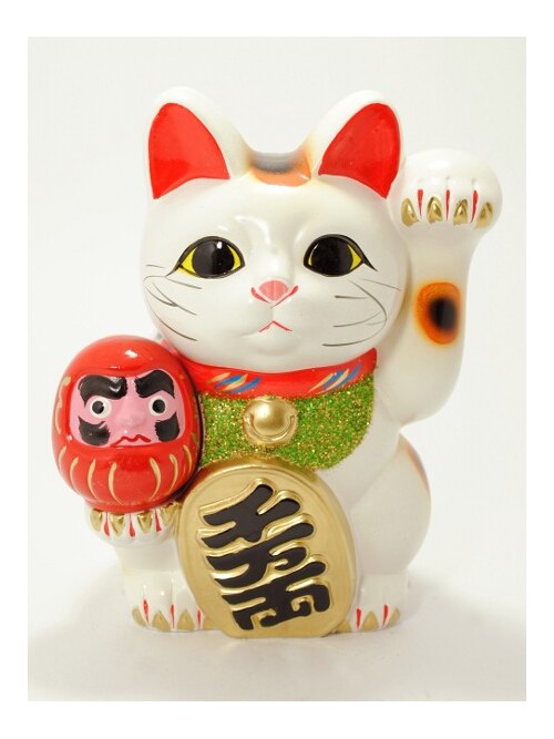 Chat porte-bonheur japonais manekineko, KURO, noir et rouge